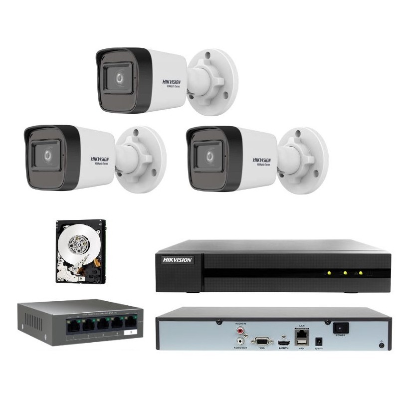 Kit videosorveglianza IP Hikvision Nvr 4 Canali 3 telecamere bullet 2mpx hd 500gb