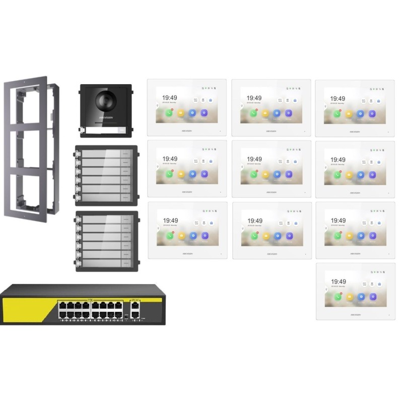KIT Videocitofono IP Poe Hikvision 10 appartamenti Monitor bianco WIFI smart telecamera 2 mpx