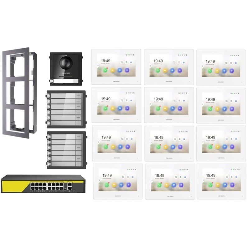 KIT Videocitofono IP Poe Hikvision 12 appartamenti Monitor bianco WIFI smart telecamera 2 mpx