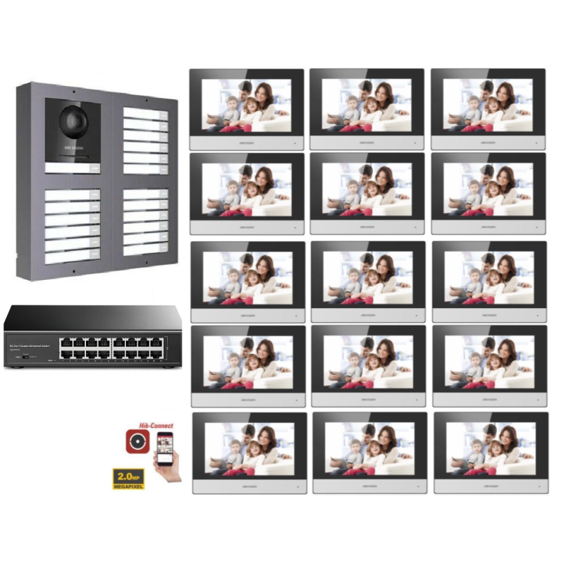 KIT Videocitofono IP Hikvision Condominiale 15 appartamenti Monitor  7" Wifi App