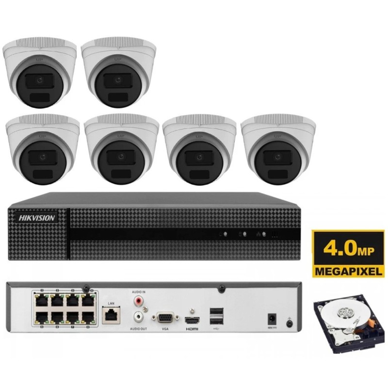 Kit videosorveglianza IP Hikvision Nvr POE 8 Canali 6 telecamere turret 4 MP HDD