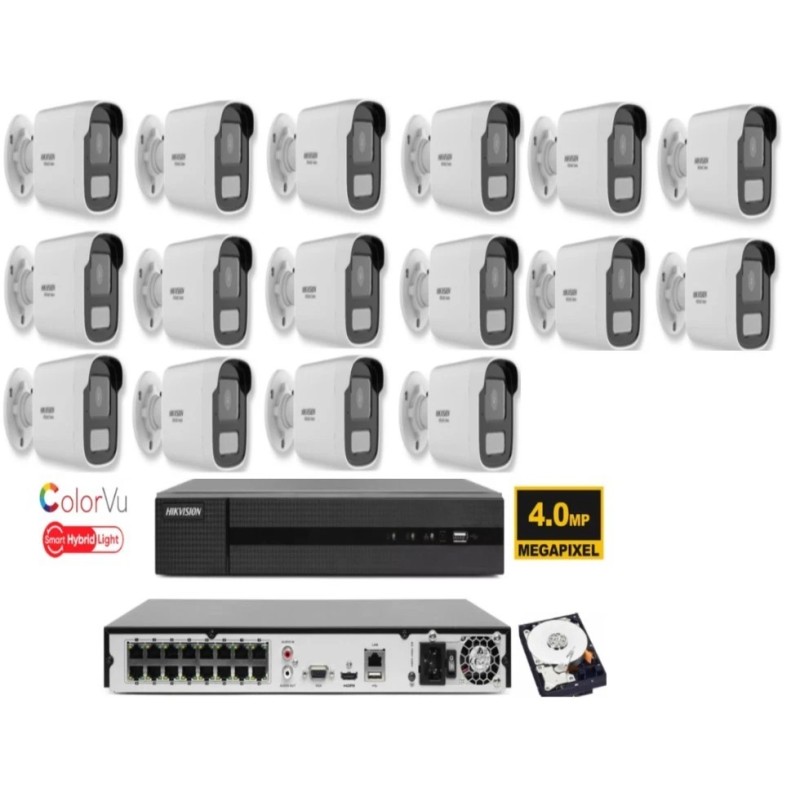 KIT videosorveglianza ip POE Hikvision Nvr 16 canali 4K 16 telecamere Smart Hybrid
