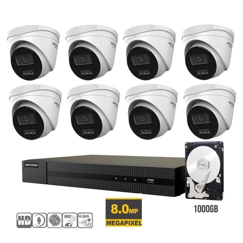 KIT VIDEOSORVEGLIANZA IP POE HIKVISION NVR 16 CANALI POE 8 TELECAMERE DOME 8 MPX