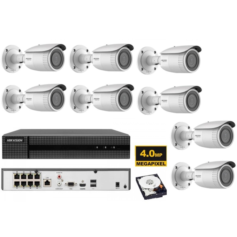 KIT videosorveglianza ip POE Hikvision Nvr 8 canali 4K 8 telecamere Varifocal 2.