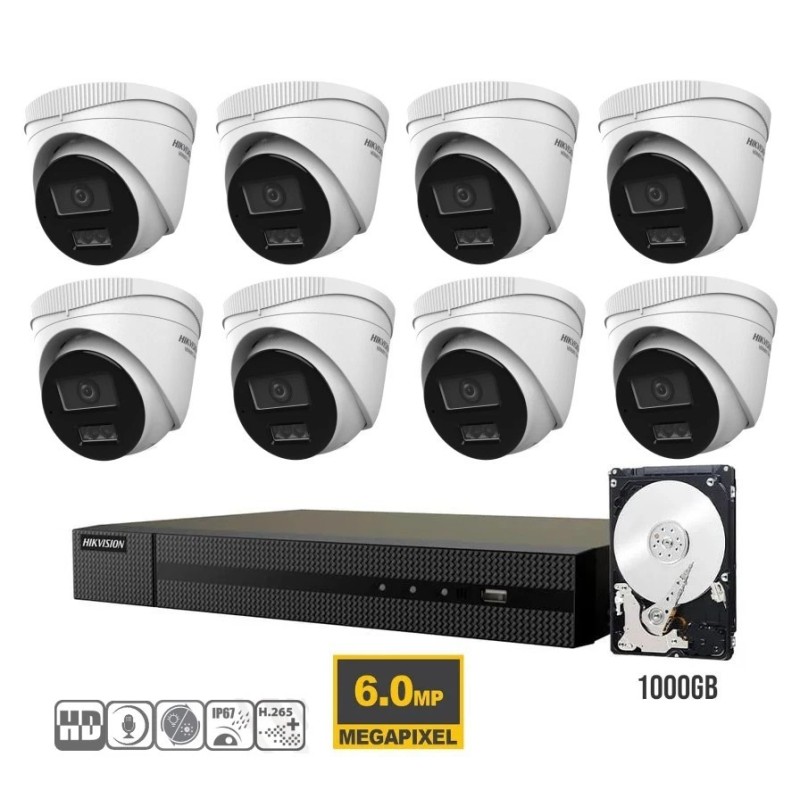 KIT VIDEOSORVEGLIANZA IP POE HIKVISION NVR 16 CANALI POE 8 TELECAMERE DOME 6 MPX