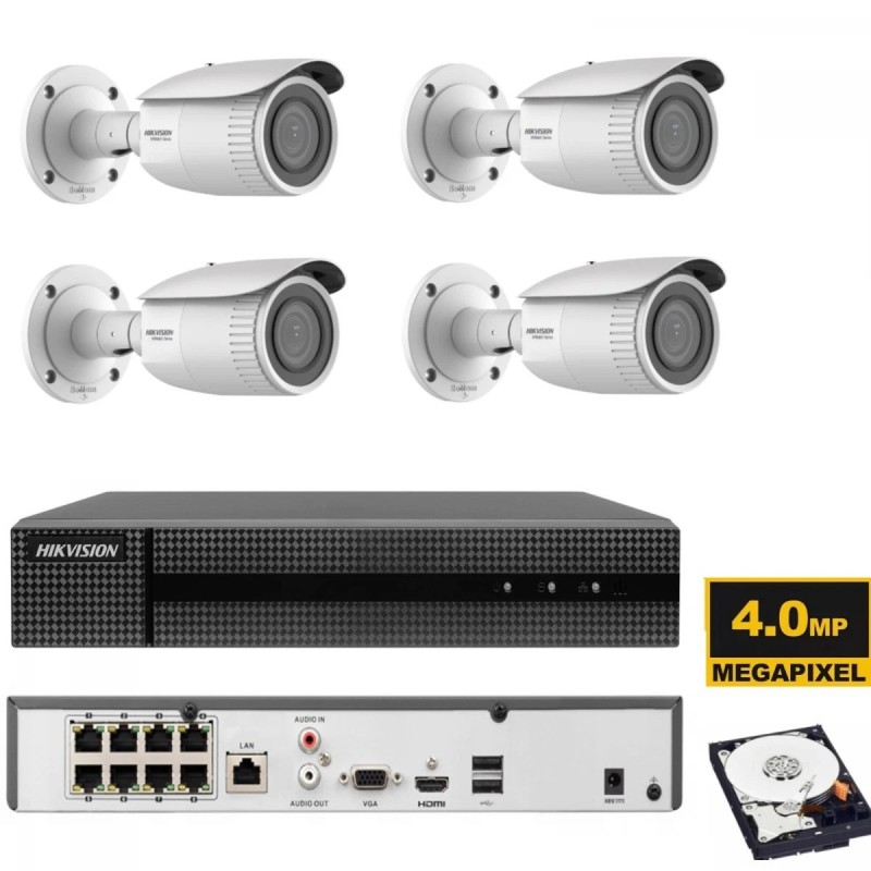 KIT videosorveglianza ip POE Hikvision Nvr 8 canali 4K 4 telecamere Varifocal 2.