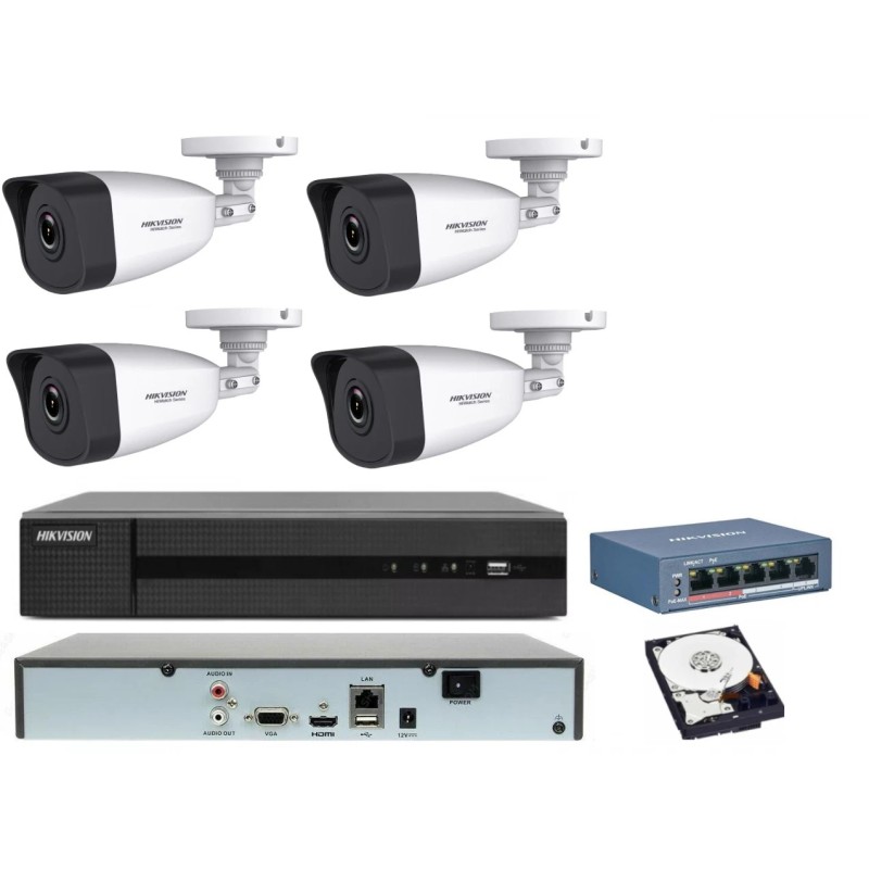 KIT videosorveglianza IP POE Hikvision NVR 4 canali 4 Telecamere IP 2 MP HDD 1TB