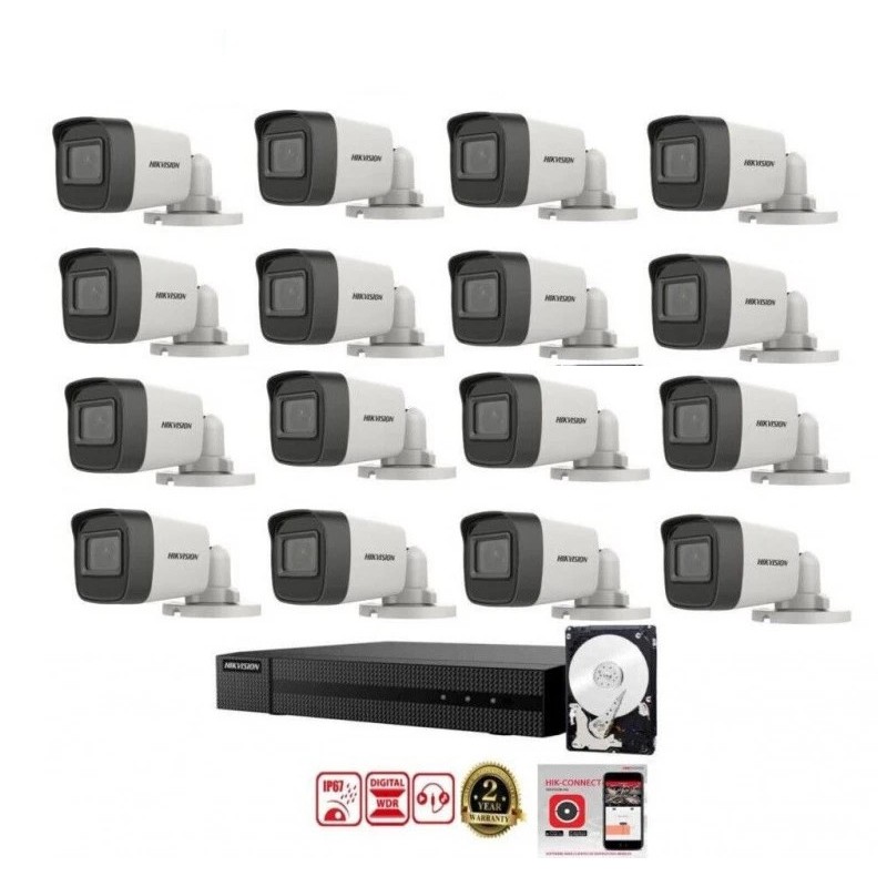 KIT videosorveglianza Hikvision DVR 16 canali 16 telecamere bullet 5 mpx hdd 1tb