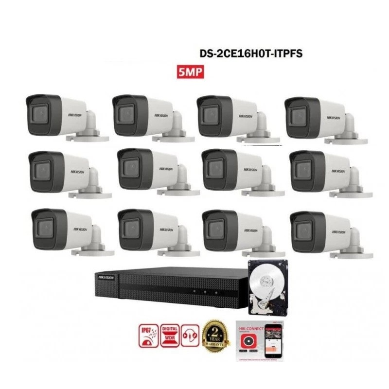 KIT videosorveglianza Hikvision DVR 16 canali 12 telecamere bullet 5 mpx hdd 1tb