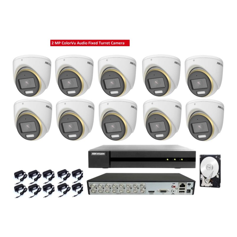 Kit Videosorveglianza Hikvision DVR con 10 Telecamere 2MP ColorVu Audio e HDD 1T