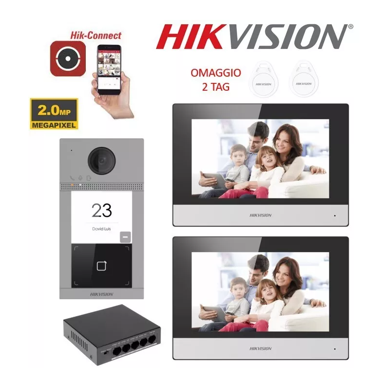 KIT Videocitofono monofamiliare IP Poe Hikvision 2 monitor 7" WIFI smart telecamera 2 MP