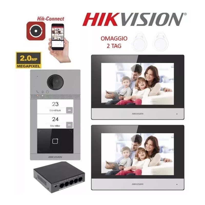 KIT Videocitofono bifamiliare IP Hikvision 2 monitor 7" smart telecamera 2 MP