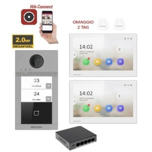 KIT Videocitofono bifamiliare IP Poe Hikvision 2 monitor 7" bianco WIFI smart telecamera 2 mpx