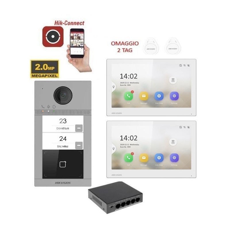 KIT Videocitofono bifamiliare IP Poe Hikvision 2 monitor 7" bianco WIFI smart telecamera 2 mpx
