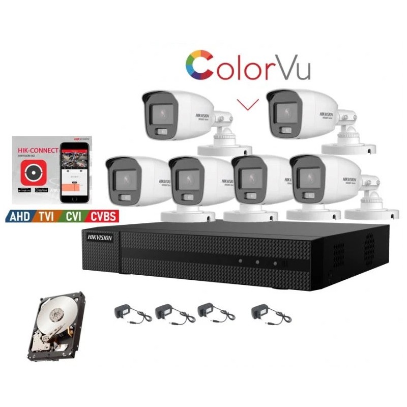 Kit videosorveglianza Hikvision DVR 8 canali 6 telecamere Color Vu 2mpx 500GB