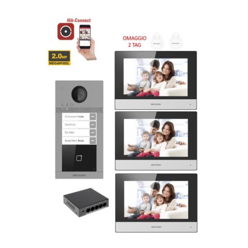 Kit Videocitofono Hik Vision Villa Trifamiliare 4 Bussate 3 Monitor Ip Poe App