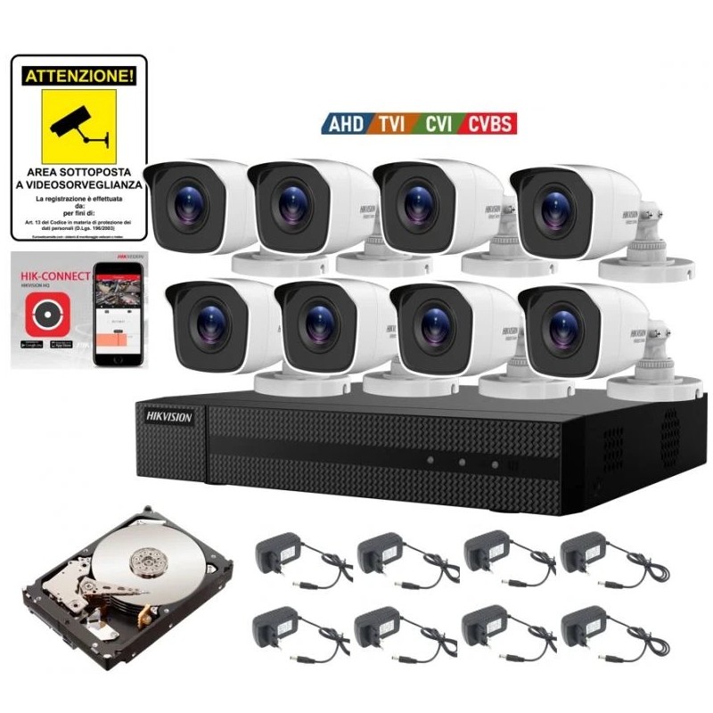 KIT VIDEOSORVEGLIANZA HIKVISION DVR 8 CANALI 8 TELECAMERE 2 MPX HD 500 GB