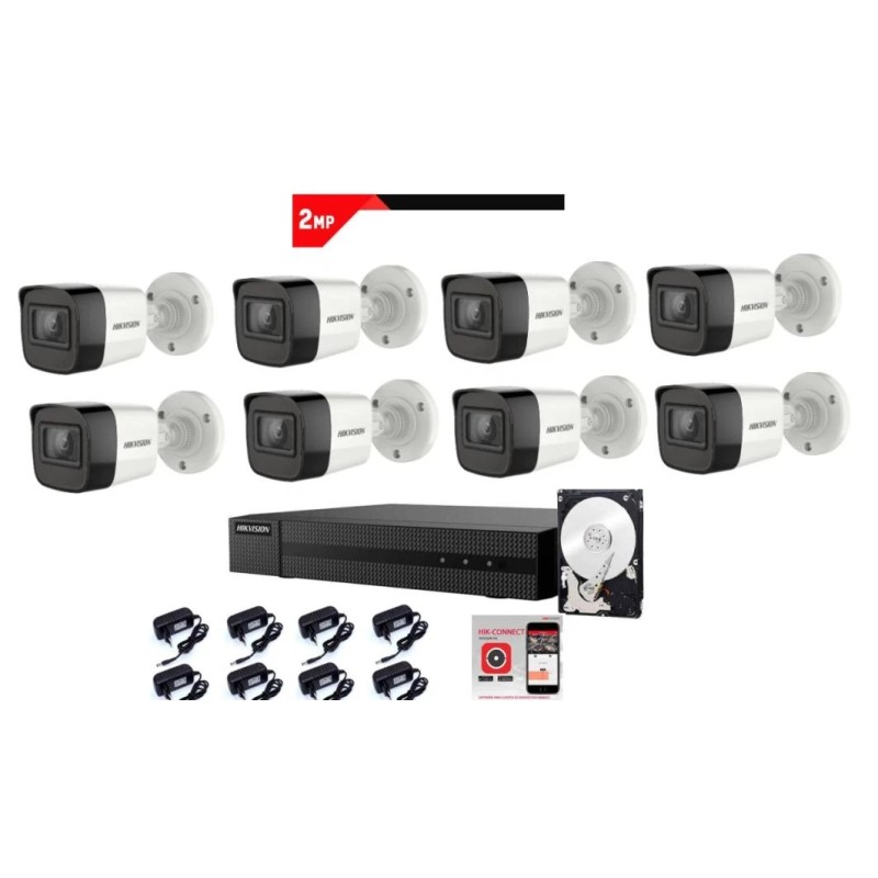 Kit Videosorveglianza Hikvision DVR 8 canali 8 telecamere bullet 2 megapixel hdd