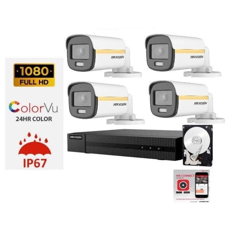 Kit videosorveglianza Hikvision DVR 4 canali 4 telecamere Color Vu 2mpx 500GB