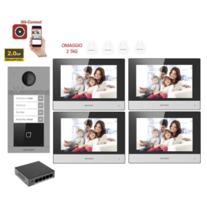 KIT Videocitofono quadrifamiliare IP Poe Hikvision 4 monitor 7 WIFI smart telecamera 2 MP
