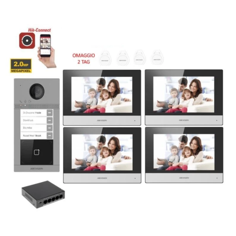 KIT Videocitofono quadrifamiliare IP Poe Hikvision 4 monitor 7 WIFI smart telecamera 2 MP