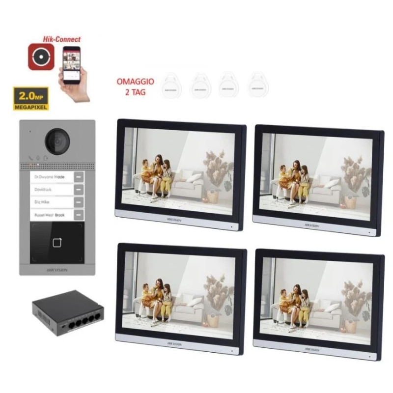 KIT Videocitofono quadrifamiliare IP Poe Hikvision 4 monitor 7 WIFI smart telecamera