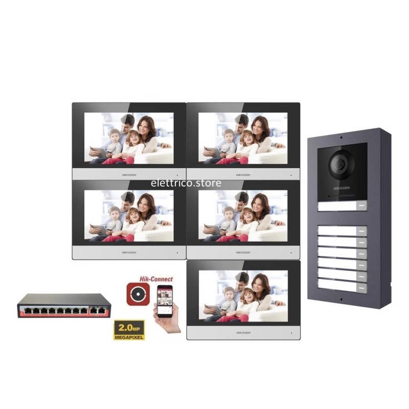KIT Videocitofono IP Poe Hikvision 5 appartamenti Monitor 7 pollici WIFI smart