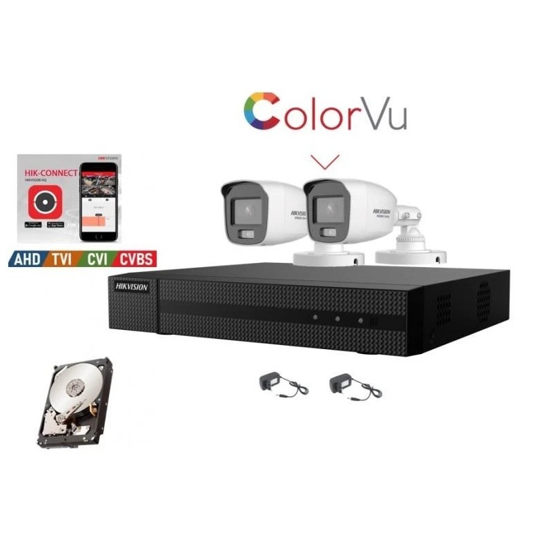 Kit videosorveglianza Hikvision DVR 4 canali 2 telecamere Color Vu 2mpx 500GB