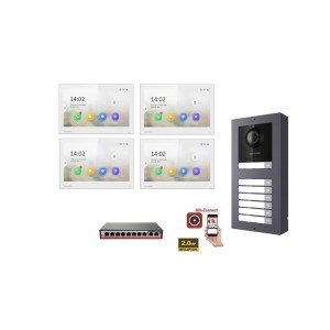 KIT Videocitofono IP Poe Hikvision 4 appartamenti Monitor 7 pollici Bianco WIFI