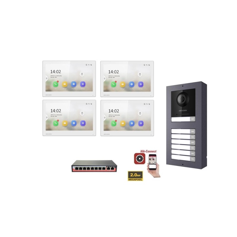 KIT Videocitofono IP Poe Hikvision 4 appartamenti Monitor 7 pollici Bianco WIFI