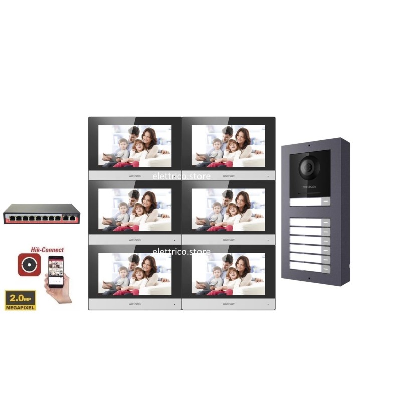 Kit videocitofono intercom ip poe Smart  con 6 monitor da 7" pollici per 6 appartamenti Videocitofono smart