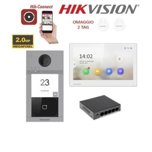 KIT Videocitofono monofamiliare IP Poe Hikvision monitor bianco 7" smart telecamera