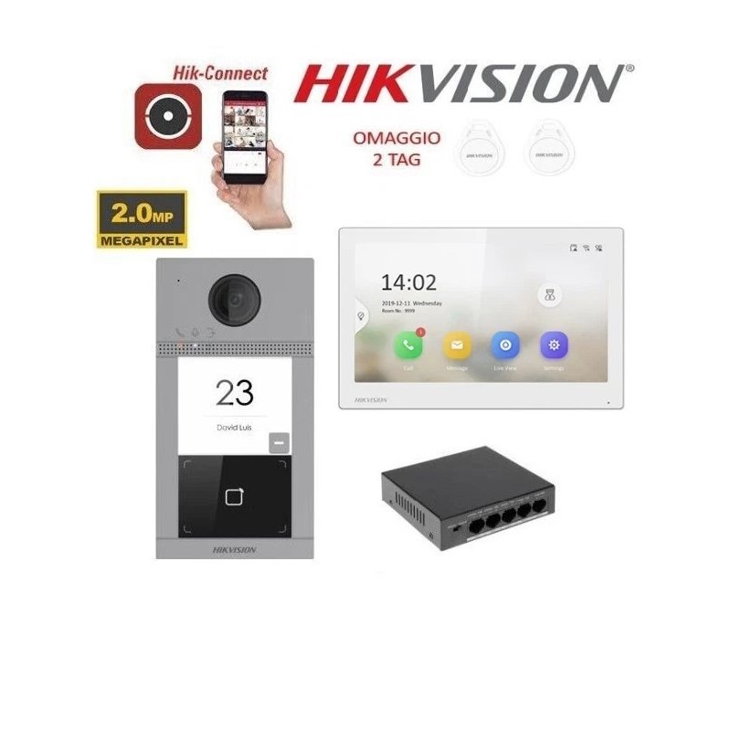 KIT Videocitofono monofamiliare IP Poe Hikvision monitor bianco 7" smart telecamera