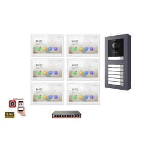 KIT Videocitofono IP Poe Hikvision 6 appartamenti Monitor 7 pollici Bianco WIFI
