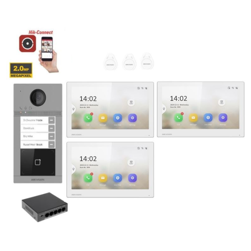 Kit Videocitofono Hik Vision Villa Trifamiliare 4 Bussate 3 Monitor Bianco Ip Poe App