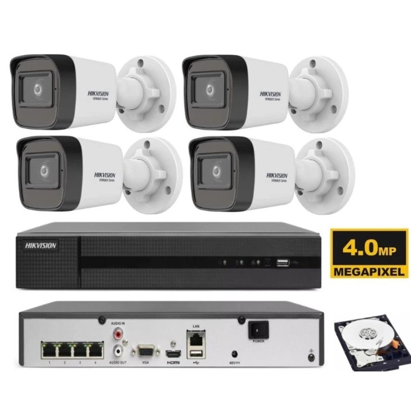 Kit videosorveglianza IP Hikvision Nvr POE 4 Canali 4 telecamere bullet 4 MP HDD